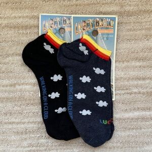 NWT 2 Pairs of Lucky Brand Walking on a Cloud Socks Black Blue Pair with Clouds